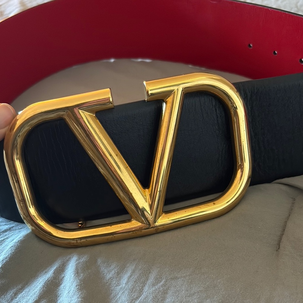 Valentino Black Leather Belt with Gold V Buckle